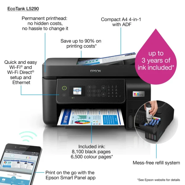 5290 2 Epson EcoTank L5290 – A4 all‑in‑one Wi‑Fi ink‑tank printer with ADF